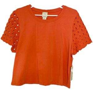 Joie Crocheted Sleeve 100% Cotton Orange Coral Knit Top $138 New